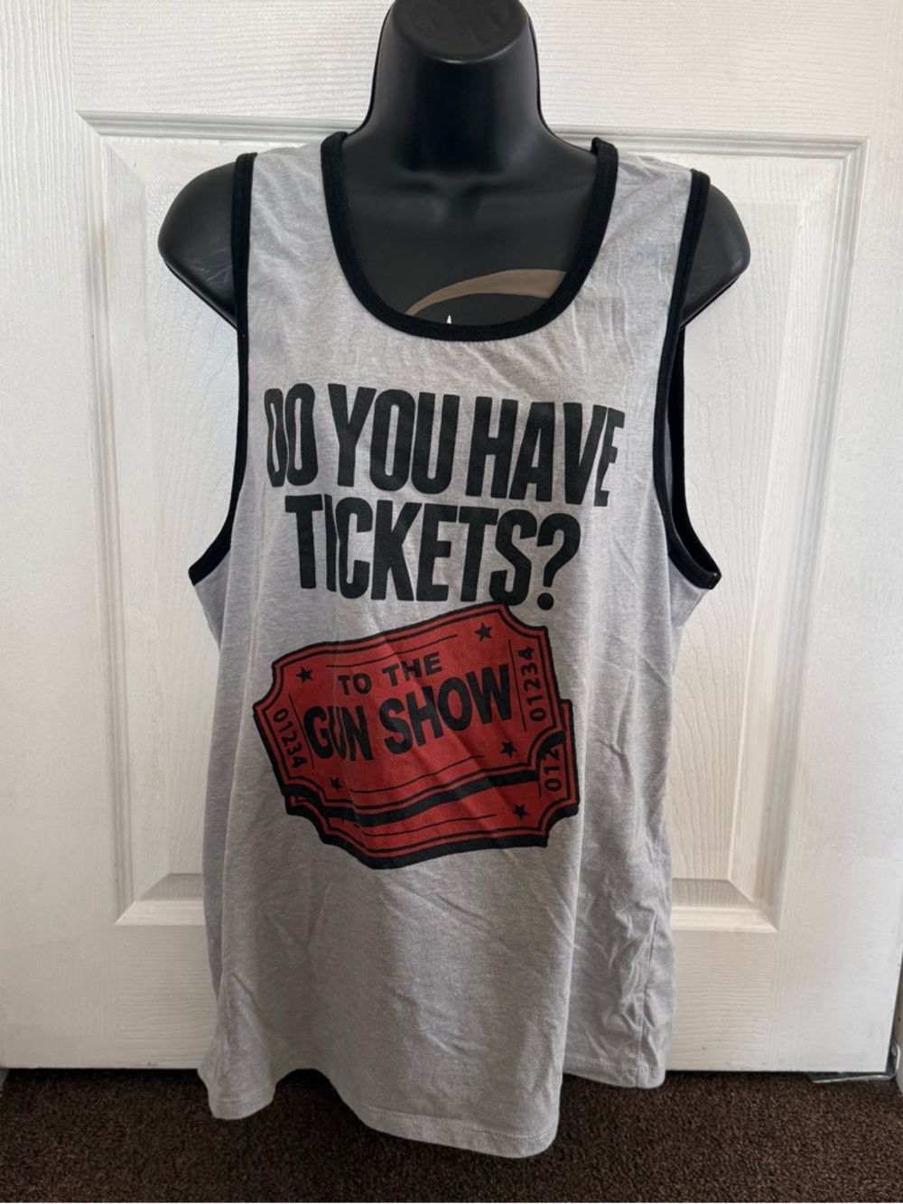 Graphic Tank Top "Do You Have Tickets?" in Gray & Black with Red Ticket Print